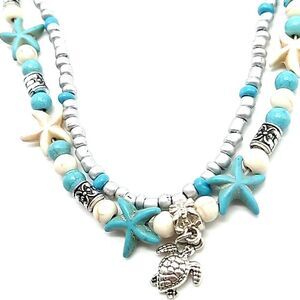 Double Strand Anklet Starfish Beaded Turtle Charm Turquoise & White NWOT